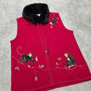 Lisa International Red Wool Vest Black Fur Collar Monkey Women Size Small